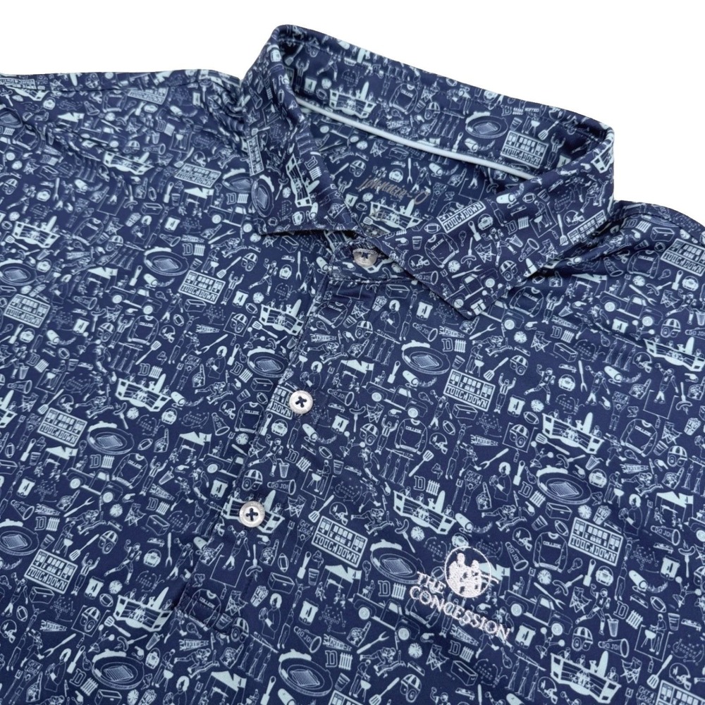 Johnnie-O Tailgater 2.0 Polo Shirt Mens XL Blue Football Print Concession Logo